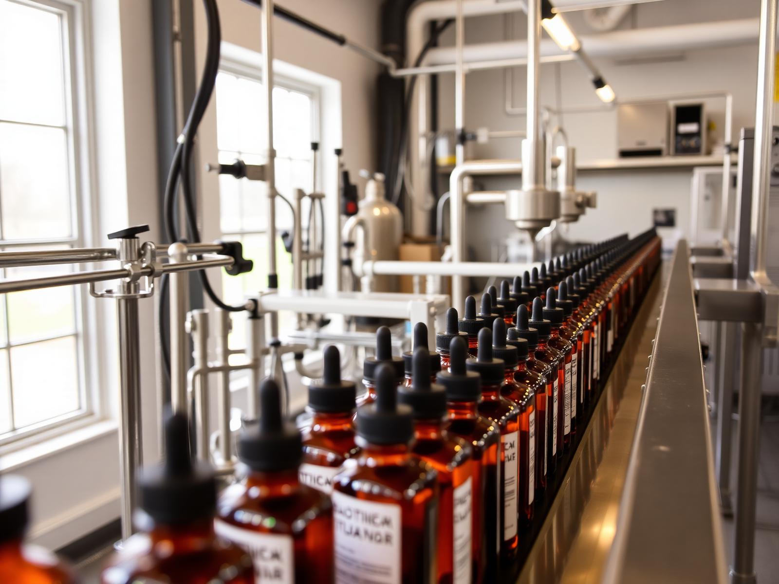 Clean, organized manufacturing facility filling amber tincture bottles