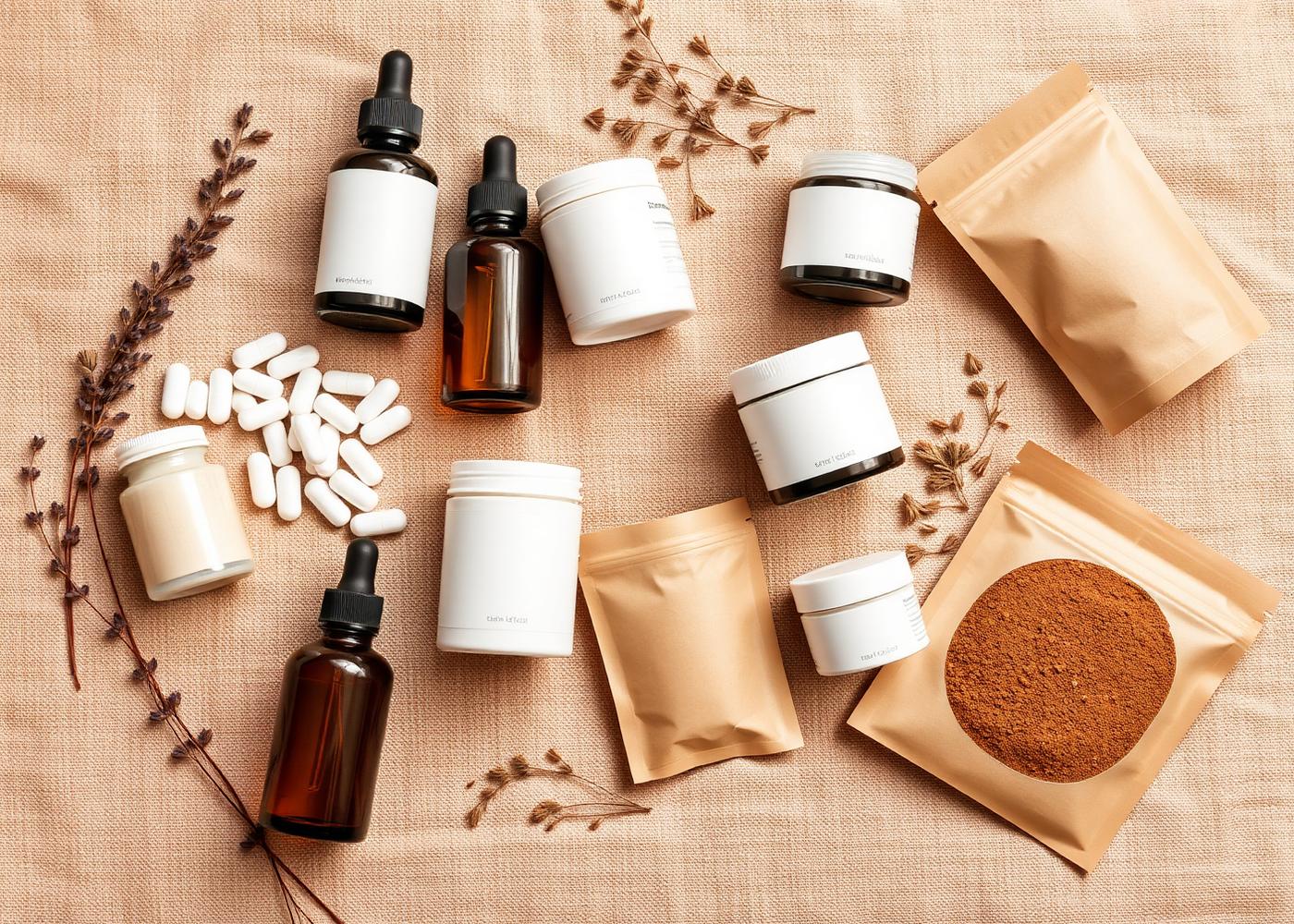 Flat lay of wellness product containers: dropper bottles, capsule jars, cream jars, and powder pouches